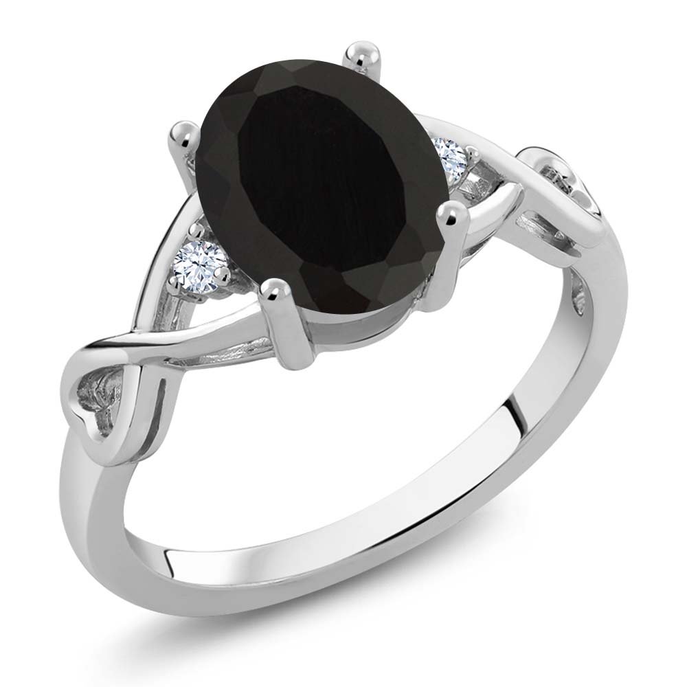 925 Sterling Silver Black Onyx and White Topaz Gemstone Birthstone Women's  Engagement Ring Cttw Oval, Available 5,6,7,8,9) - Main Image