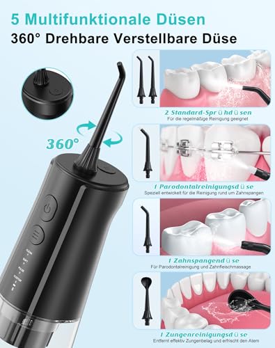 Wireless Oral Irrigator, Oral Irrigator, Test Winner 2026, Water Flosser for Teeth Cleaning, 10-135 PSI & 4 Modes, 300 ml Water Tank, Electric Dental Shower with 5 Nozzles for Braces (Black-01)