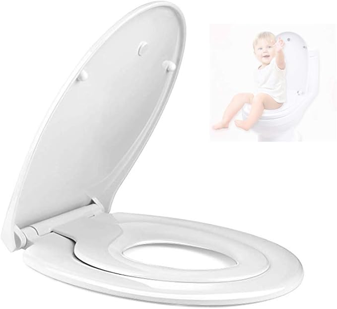 Double Family Toilet seat with Integrated Child seat and lid White Slow