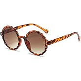 MTZJH Fashion Small Round Frame Flower Circle Sunglasses For Women Uv400 Riveted Sunglasses For Men,LOEPARD TEA,one size