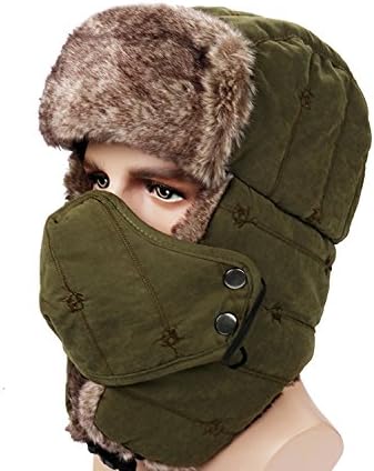 Unisex Winter Trooper Ushanka Hat Hunting Hat Cap with Ear Flap Chin Strap and Windproof Breathable Mask. (ARMY GREEN)
