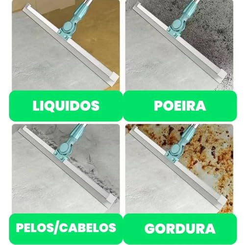Rodo e Vassoura Mágica 2 em 1 de Silicone, 1,40m, Articulado, Giratório 180°, Ajustável, Limpeza de Vidros, Pisos, Pelos de Pet, Janelas, Cabo Desmontável em Aço Inoxidável, Varre e Seca, Marca ATM