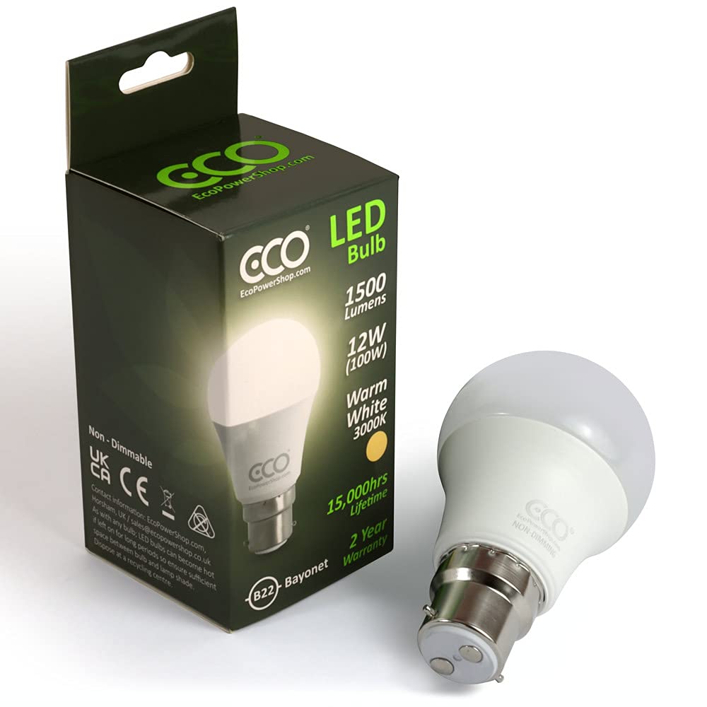 ECO 100W 2 Pin Bayonet B22 Energy Saving LED Light Bulbs, Low Energy 12W LED, Bright 1500 Lumens, 15,000Hrs Lifetime.