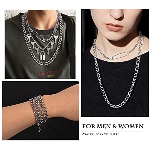 3 PCS Layered Chain Necklace Set for Men Women Stainless Steel Lock Pendant Necklace Punk Choker Necklaces Silver
