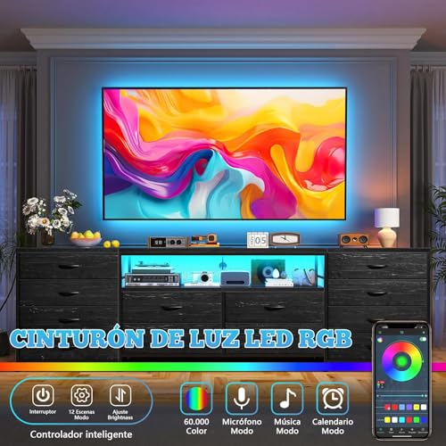 WELIKERA 160cm Mueble para TV con Cómoda, Extra Grande Muebles Tipo Tocador para Dormitorio con Luces LED y Tomas de Corriente, Tejido Largo Centro de Entretenimiento para TV con 12 Cajones