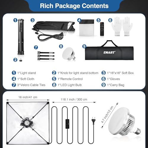 EMART Softbox Set, Softbox Kit for Photography Studio 40 x 40 cm with 85 W LED Bulb (3000K-6000K) with Remote Control for Photo Studio, Portraits and Video Recording (1 Pack)
