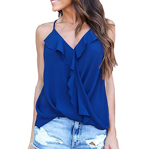 Click Here to See More Images Littleice Womens Loose Blouse Summer Sexy V Neck Straps Vest Falbala Chiffon Casual Tank Tops Cami T-Shirt (Blue, XL)