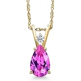 Gem Stone King 14K Yellow Gold Pink Created Sapphire and White Topaz Pendant Necklace for Women | 1.01 Cttw | Gemstone September Birthstone | Pear Shape 8X5MM | With 18 Inch Chain