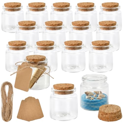 BXUUXA 16 Pieces 50 ml Glass Bottles, Small Glass Bottles Mini Glass Jars with Cork Stopper, Portable Tiles Glass Jars with Label and Twine for DIY Decorations, Wedding Gifts