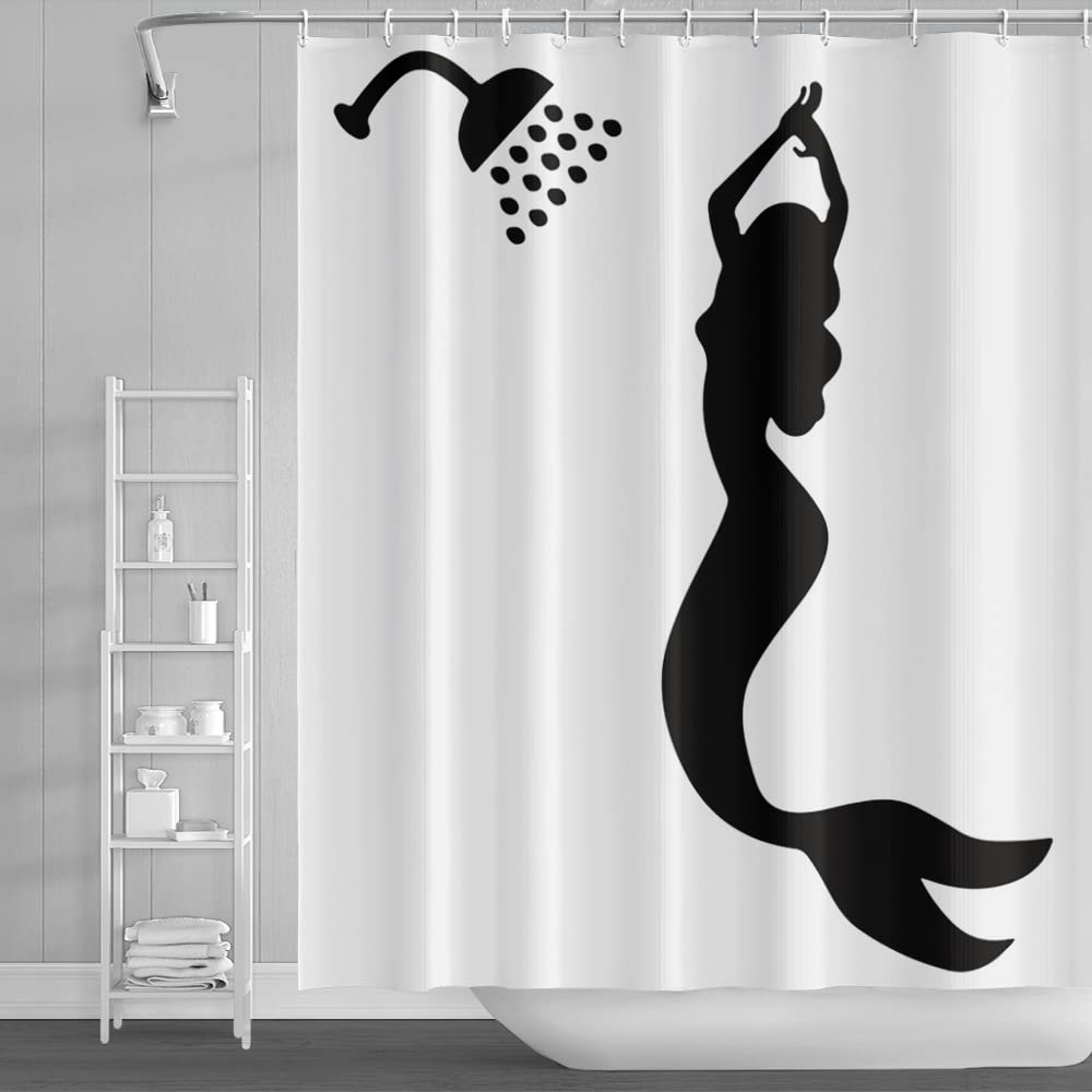SDOTPMT 122x183cm Mermaid Silhouette Shower Curtain Abstract Cartoon Bathing Mermaid Kids Fairytale Bath Curtain White Bathtub Curtain for Girls Bathroom Fabric Polyester Waterproof with Hooks