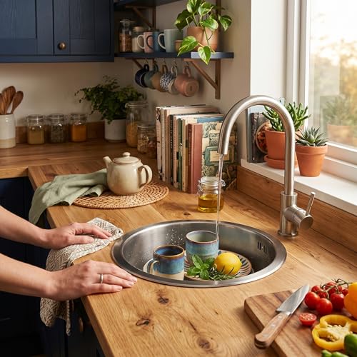 Mini Round Stainless Steel Sink with Drain Connector for Small Kitchens Diameter 30 cm