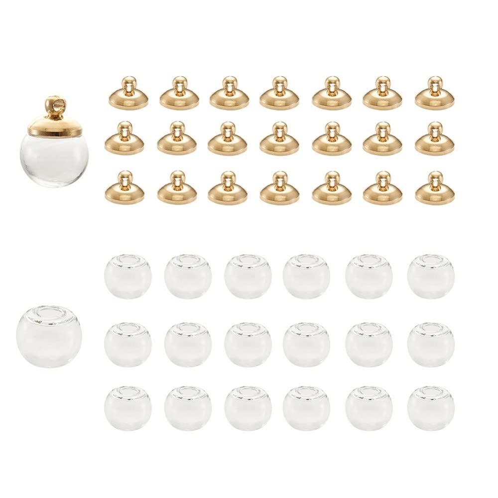 Boutigem 20pcs Blown Glass Globe Beads 11~12mm Round Mini Glass Beads Half Drilled 3~5mm Beads for Jewelry Making Craft, 20pcs Bails Caps 8mm, Golden