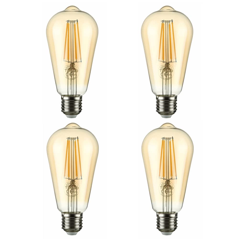 TEKLED® ST64 Filament Vintage DIMMABLE LED Bulbs | E27 Edison Screw | Energy Saving 6.5W Light Bulb 53W Equivalent | Amber 2400K 680LM | 4-Pack | Warm White