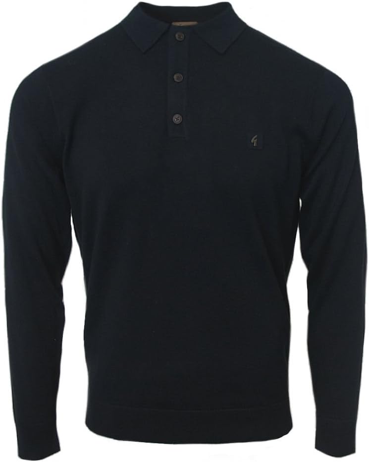 Mens Navy Francesco Long Sleeve 70s Retro Knit Polo Shirt S
