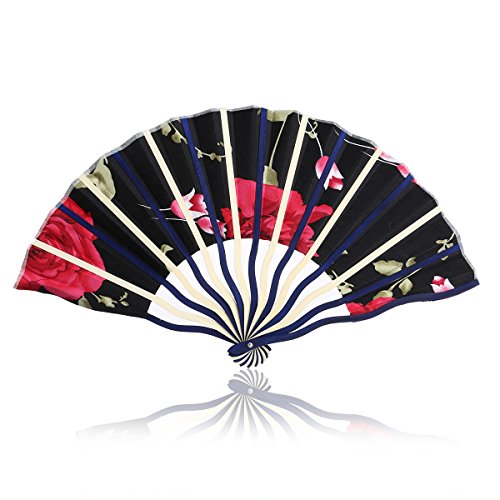 FENICAL Chinese Bamboo Folding Hand Fan Rose Flower Silk Fan for Party Favor - Thumbnail 2
