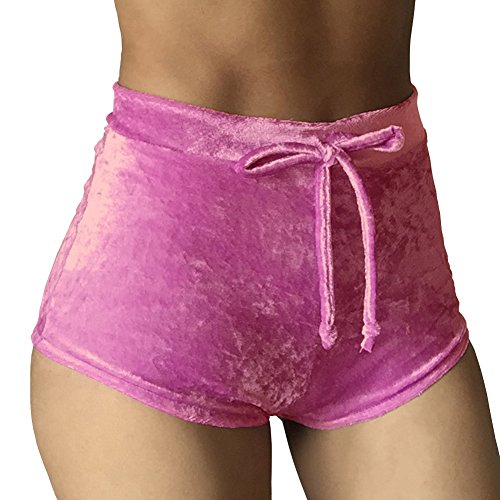 TOB Women's Casual Soft High Waist Drawstring Velvet Shorts Clubwear ,Pink,Medium