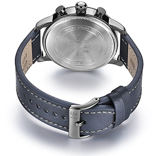 Modiwen Herren-Armbanduhr, Lederarmband, Quarz-Uhrwerk, wasserdicht, Business-Chronograph, analoge Funktion blau