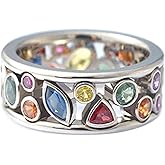 QUSIIOSLK Vintage 925 Sterling Silver Multicolored Crystal Ring AAA Cubic Zirconia Boho Statement Band Ring for Women, Geometrical Gemstone Eternity Ring Cocktail Party Ring