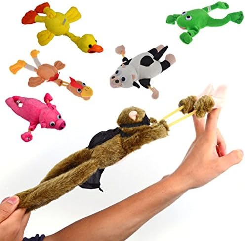 Finer Shop 6Pcs Plush Slingshot Flingshot Flying Animals Toy with Sound Monkey Frog Chicken Duck Pig Cow For Kids