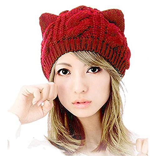 Bodhi2000® Women's Fashion Cut Warm Cat Ears Hemp Flowers Beanie Knitted Hat