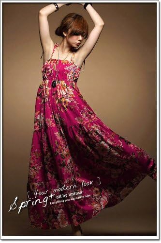 Amazon 派手カワ鮮やかカラーのリゾート柄マキシ丈ワンピース ピンク ワンピース チュニック 通販