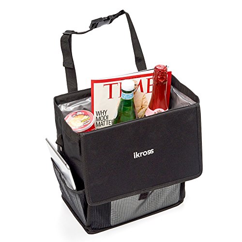 iKross Hanging Car Trash Organizer Bin Bag, Leakproof Auto Garbage Litter Storage Box with Cover Lid, Detachable Backseat Strap and Side Pockets - Black
