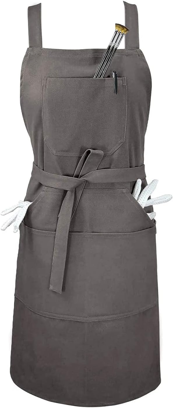 Soft Cotton Canvas Apron, Cross Back + Fasten/Quick Release Buckle + 6 Pockets + 2 Towel Loops Professional Bib For Artist Kitchen Cooking Women Men,Adjustable to XXL,27"X31"