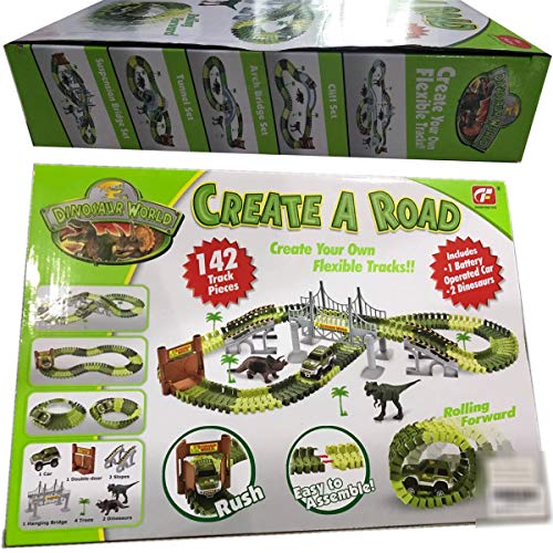 Wangday Dinosaur Toys for 3 4 5 6 7 Year Old Boys, Jurassic Park World Dinosaur Car Race Train Track Toys 142-Piece Tracks, 2 Dinosaurs