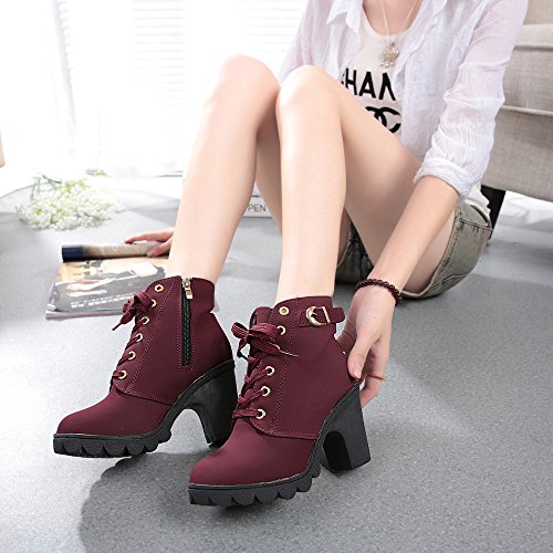 Londony ♪✿ Clearance Sales,Women's Lace Up Cross Ankle Bootie Western Mid Heel Bootie Closed Pointed Toe Boot