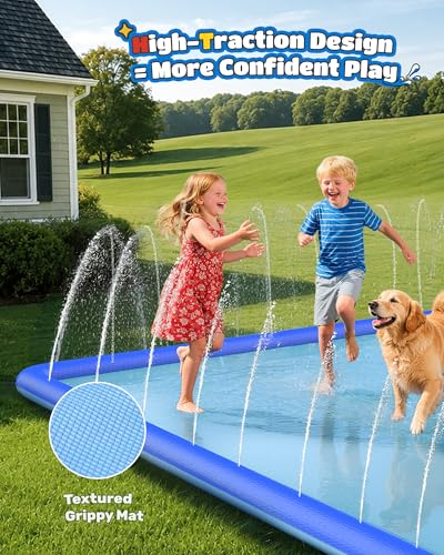 ODOSOLA 137x118'' Large Splash Pad for Kids 3-12 & Dogs, 2-in-1 Sprinkler Pad with Basketball Hoop/Ball Toss, Thickened Non-Slip Water Mat, Foldable Outdoor Summer Toy for Backyard/Pool/Beach