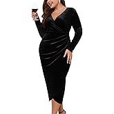 ZOMVA Plus Size Velvet Wrap Dress Ruched Bodycon Dress Long Sleeves Ruffle Long Elegant Party Wedding Guest Cocktail Holiday