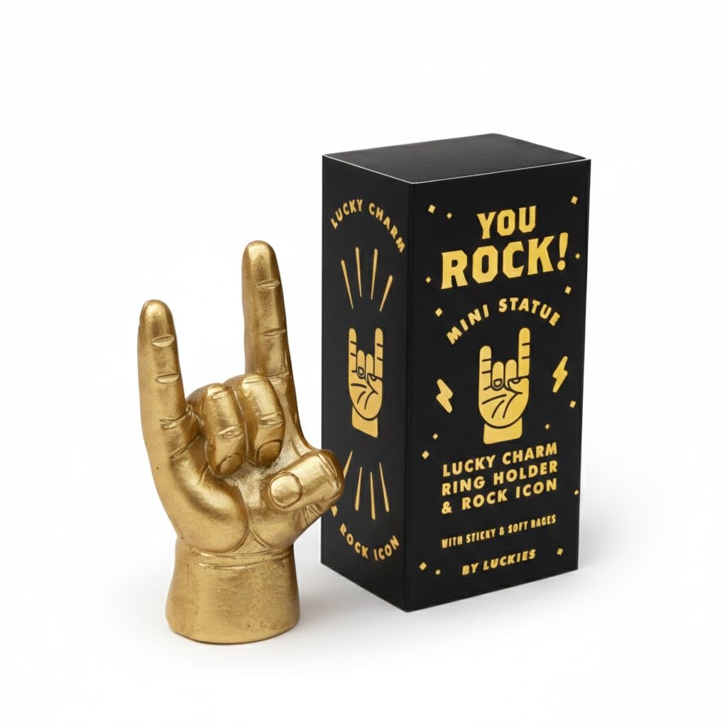 Luckies Hand Desk Decor | Mini Rock On Hands | Rock N Roll Mini Statue | Mens Ring Holder | Gold Hand Decor | Men Desk Accessories | Mens Gold Decor | Hands Office Accessories | Men Key Holder Statue