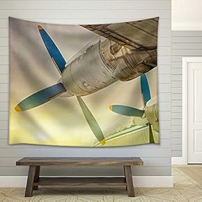 Old Wing Aircraft with Propellers at Sunset - Fabric Wall Tapestry Home Decor - 51x60 inches