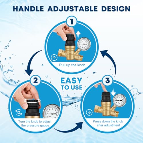 Kohree RV Water Pressure Regulator Valve, Adjustable Handle Brass Lead-Free RV Water Pressure Reducer with Gauge and 2 Inlet Screened Filters for RV Camper Travel Trailer Garden