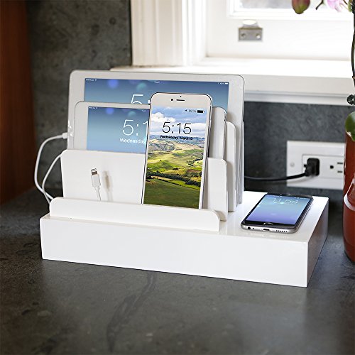G.U.S. Charging Desk Organizer with Wireless Smart Charging Pad + 6-USB Ports. Multi-Device Charger for iPhones, iPads, E-Readers, Samsung, Android, Nexus and More. Strong Build, High Gloss White