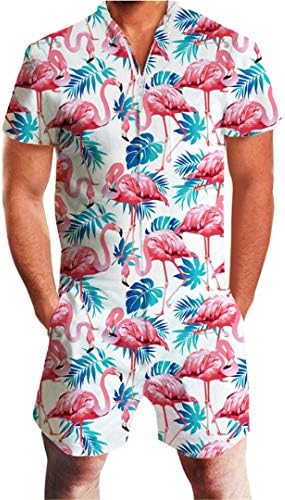 Flamingos Floral Print Rompers Men Short Sleeve 3D Jumpsuit Playsuit Harem Cargo Overalls Summer