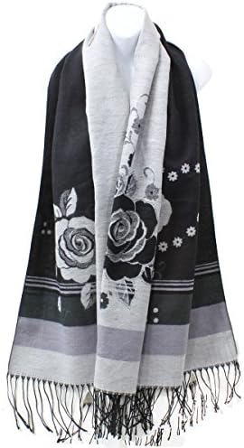 AN-Womens Winter Fall Soft Elegant Rose Pattern Reversible Colors Shawl Scarf Wrap with Fringes (Black)