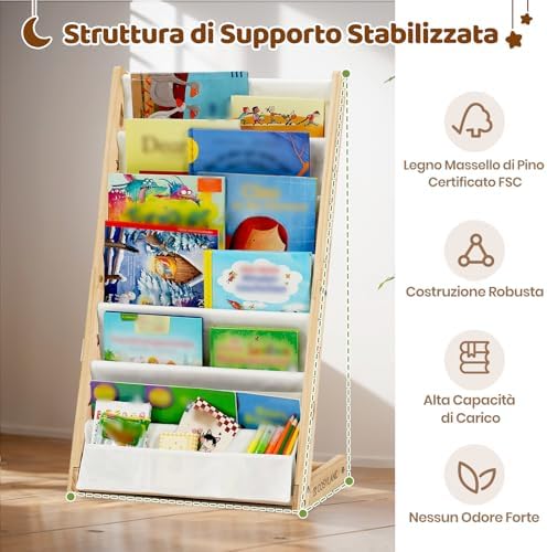 Libreria Montessori per Bambini Con 6 Scomparti in Tessuto Oxford - Libreria per Bambini in Legno Naturale - Libreria Montessori Con Bordi Arrotondati e Design Spazio-Saving(Naturale)
