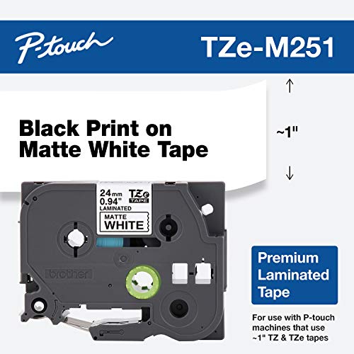 Brother P-touch TZe-M251 Black Print on Premium Matte White Laminated Tape 24mm (0.94") wide x 8m (26.2') long