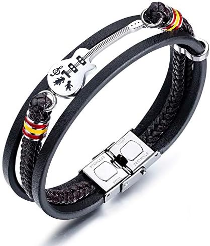 KoToTip 8.3 Inch London Personalised Mens Bracelet Mens Leather Bracelet Mens Guitar Bracelet Leather Braided Rope Multi Layer Bangle Punk Jewelry Gifts for Boyfriend, Father, Best Man, Husband