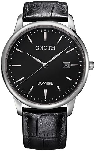 GNOTH Men's Luminous Date Automatic Watch with Black Calfskin strap,Silver Bezel Black Dial
