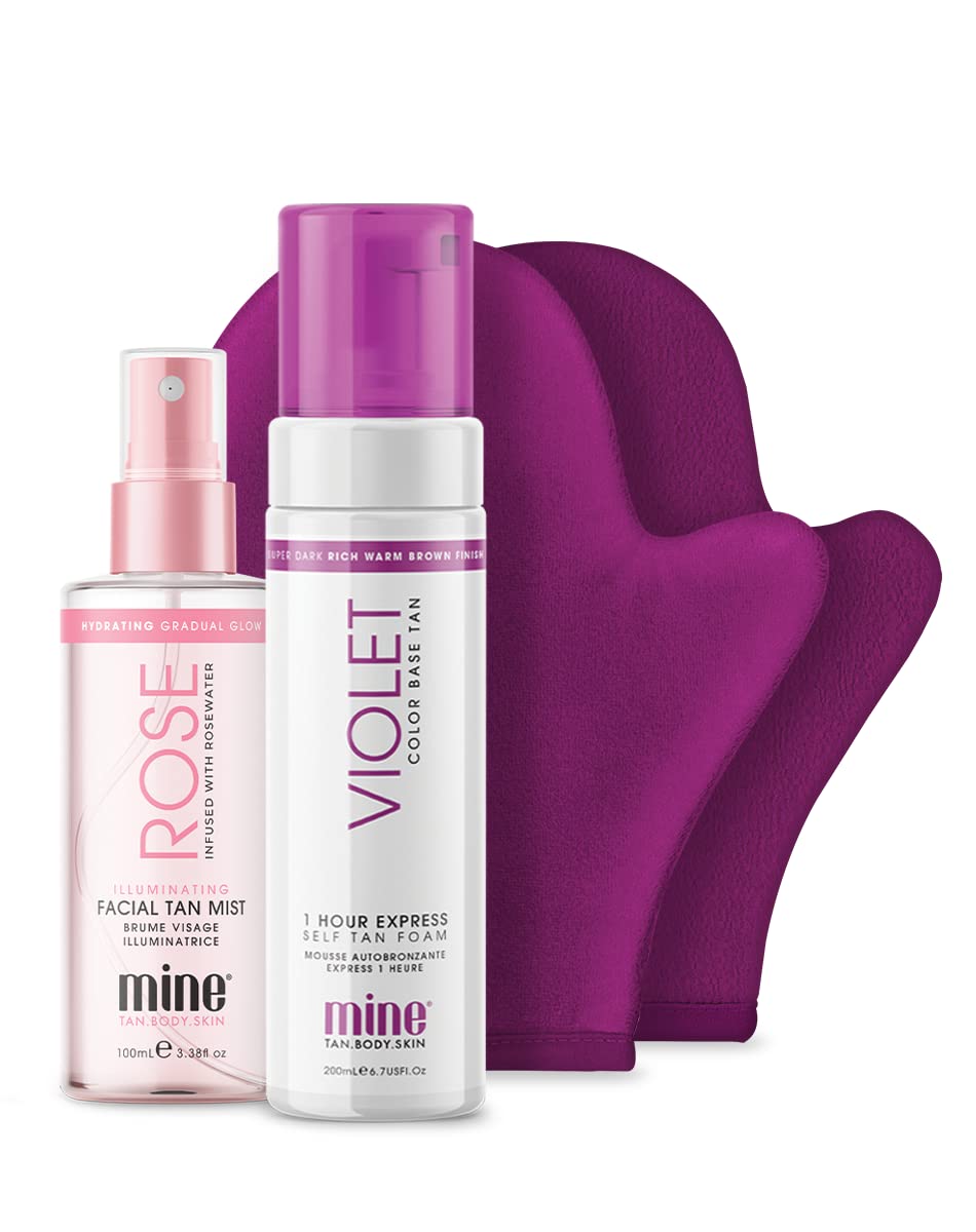 MINETAN BODY.SKIN Best Sellers Self Tanner Bundle | Bundle & Save With Our Cult Faves - Includes 4 Items, Violet Self Tanner, Rose Face Tanner, Self Tanner Mitt Applicator + Exfoliating Self Tan Mitt