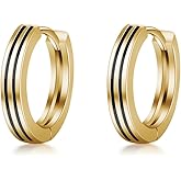 Immobird Hoop Earrings Men 925 Sterling Silver Ear Pins Minimalistic Black Stripe Men Hoop Earrings for Father Boyfriend or Brother