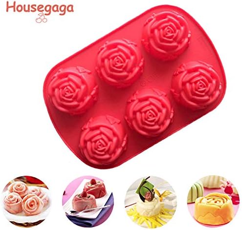 Rose Flower Silicone Mould Tray, 6 Cavities Cake Baking Mold for Making Cookies Pies Quiches Chocolate Muffin Pudding Jelly Candy Ice Cube Handmade Soap Mould Tool DIY Gift by Housegaga, Red