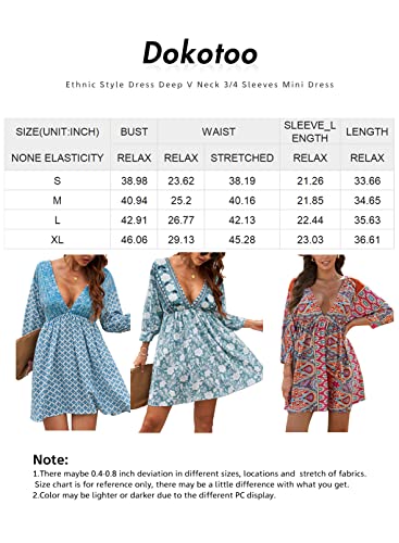 Dokotoo Women Boho Dress Floral Print Flared Vacation Flowy V Neck Backless Mini Dress Sexy High Waist 3/4 Sleeve Ruffle A Line Bohemian Short Dress,US 16-18(XL),Multicolor