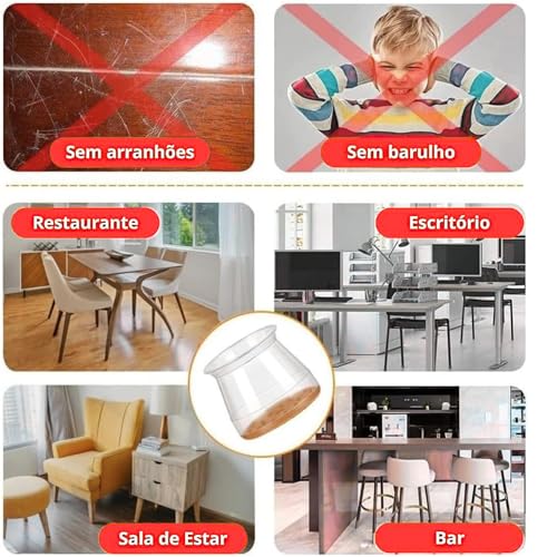Kit 16 Protetor de Silicone Com Feltro Para Pés de Cadeira, Mesa, Banqueta - Protetores Para Móveis de até 4cm | Anti risco, Reduz Ruído, Lavável, Antiderrapante, Fácil de Instalar