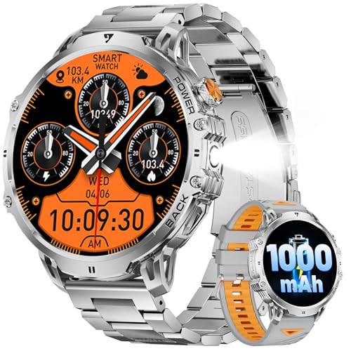 LIGE Militär Smartwatch Herren - 1000 mAh/1,85" HD Großes Touchscreen/LED-Licht, Fitnessuhr mit 110+ Sportmodi, Herz-/Schlaftracking,2 Armbändern,IP68