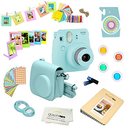 Fujifilm Instax Mini 9 Camera + 14 PC Instax Accessories kit Bundle, Includes; Instax Case + Album + Frames & Stickers + Lens Filters + MORE (Ice Blue) (What's The Best Camera)