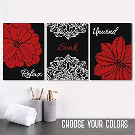 Red Black Flower Bathroom Decor Black Red Bathroom Wall Art Canvas Or Print Flower Bathroom Pictures Relax Soak Unwind Quotes Set Of 3 8x10 Inch Amazon Co Uk Kitchen Home