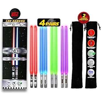 LIGHTSABER CHOPSTICKS LIGHT UP STAR WARS LED Glowing Light Saber Chop Sticks REUSABLE Sushi Lightup Sabers Removable Handle Dishwasher Safe Red Blue Green Purple 4 Pairs